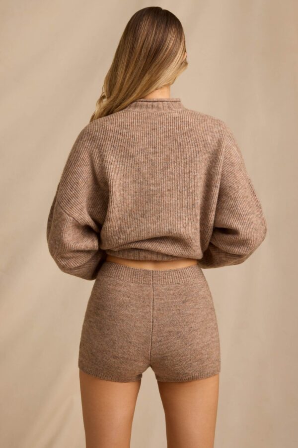 Mid-Rise Knit Mini Shorts in Brown Marl - Image 2