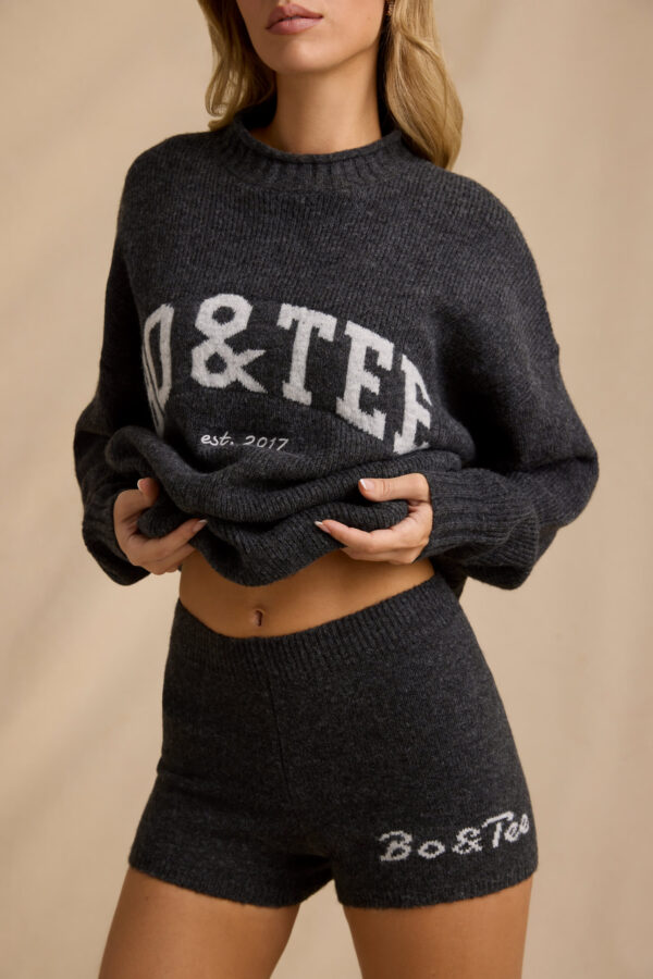 Mid-Rise Knit Mini Shorts in Charcoal Marl - Image 4