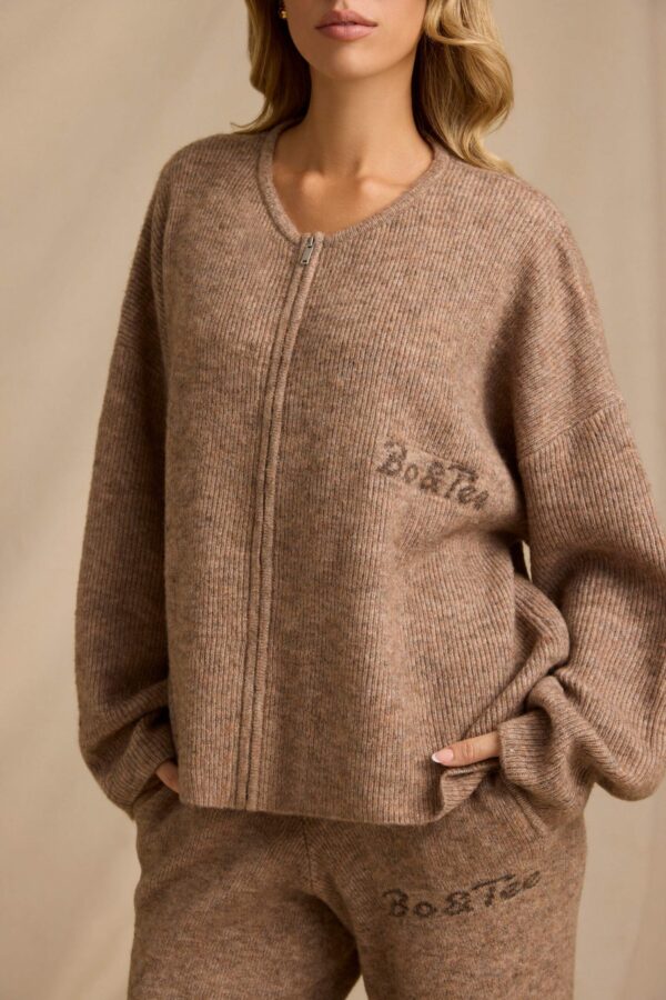 Oversized Zip-Up Cardigan in Brown Marl - Image 5
