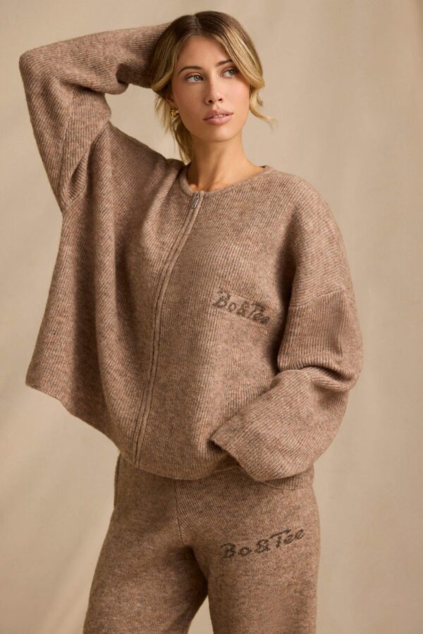 Oversized Zip-Up Cardigan in Brown Marl - Image 7