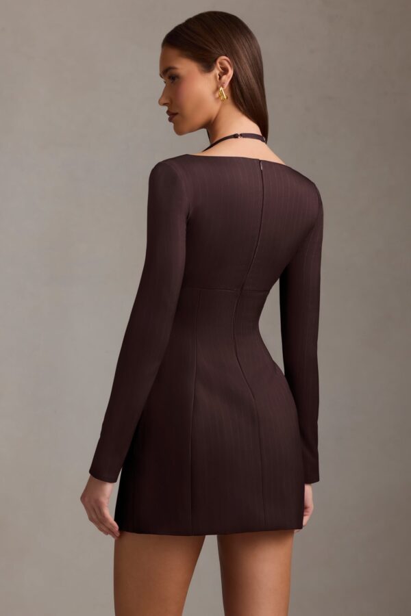 Pinstripe Structured A-Line Mini Dress in Chocolate Brown - Image 3