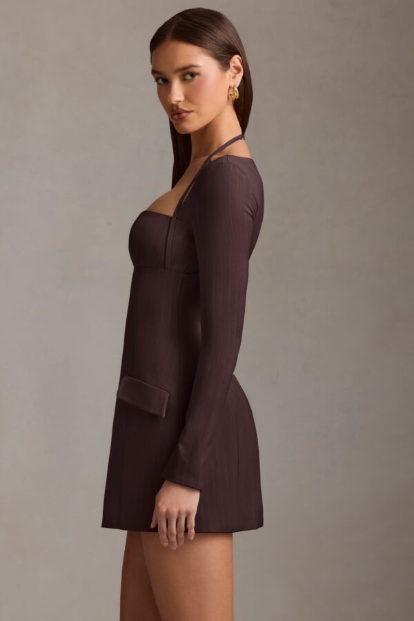 Pinstripe Structured A-Line Mini Dress in Chocolate Brown - Image 4
