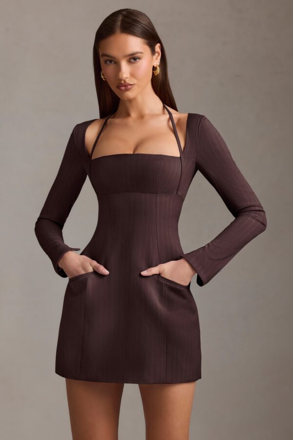 Pinstripe Structured A-Line Mini Dress in Chocolate Brown - Image 6