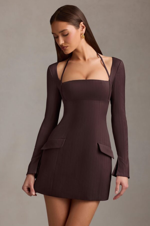 Pinstripe Structured A-Line Mini Dress in Chocolate Brown - Image 7