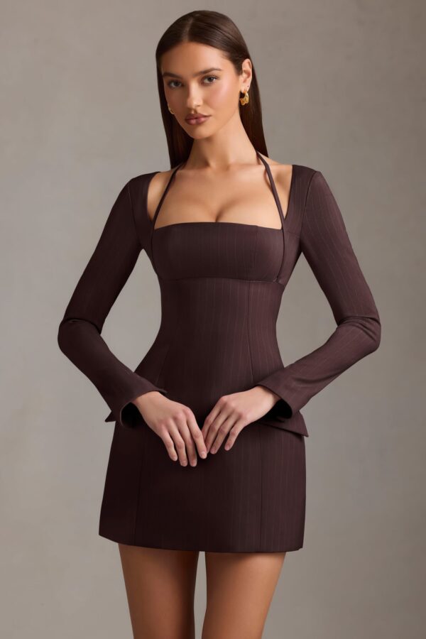 Pinstripe Structured A-Line Mini Dress in Chocolate Brown - Image 8