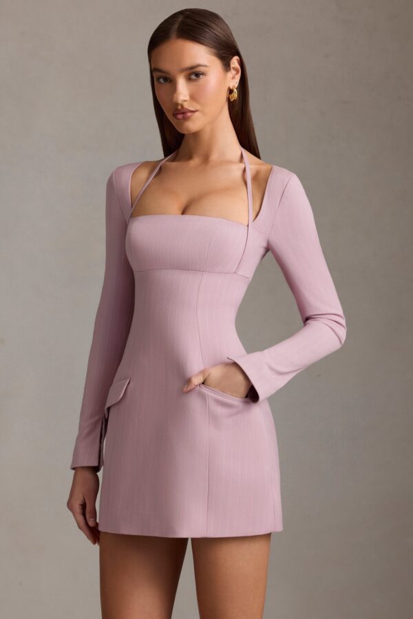 Pinstripe Structured A-Line Mini Dress in Mauve - Image 10