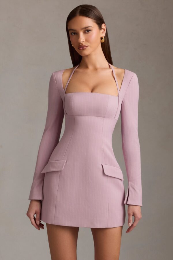 Pinstripe Structured A-Line Mini Dress in Mauve - Image 6