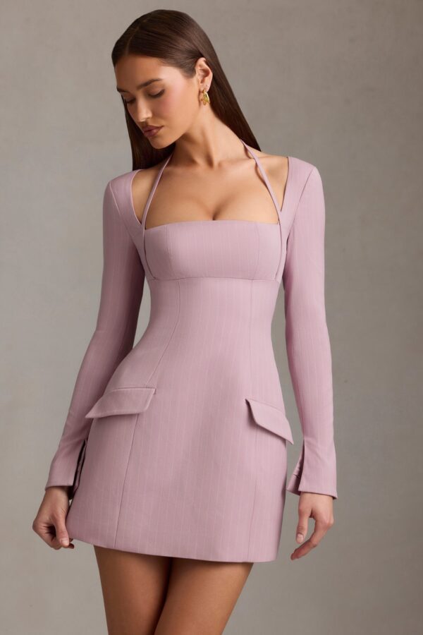 Pinstripe Structured A-Line Mini Dress in Mauve - Image 8