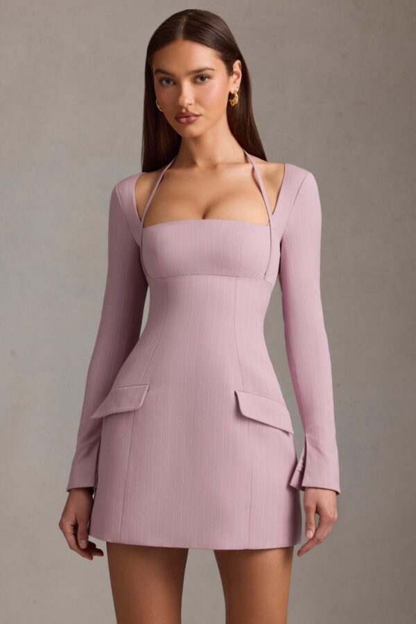 Pinstripe Structured A-Line Mini Dress in Mauve - Image 9
