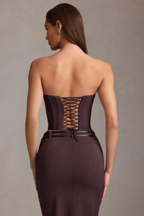 Pinstripe Lace-Up Corset Top in Chocolate Brown - Image 2