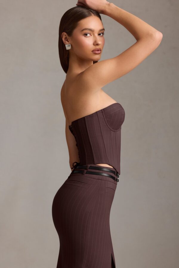 Pinstripe Lace-Up Corset Top in Chocolate Brown - Image 3