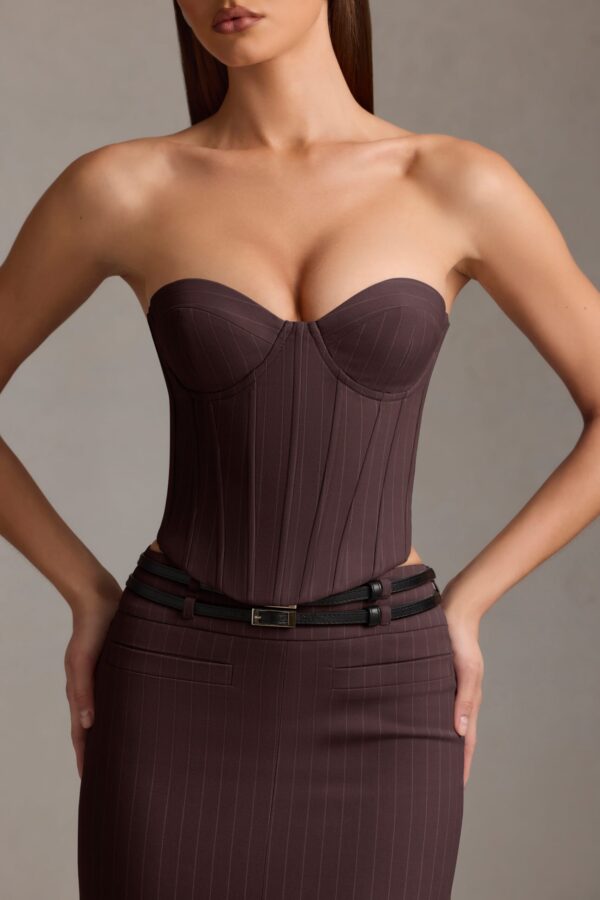 Pinstripe Lace-Up Corset Top in Chocolate Brown - Image 4