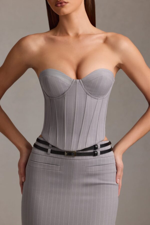 Pinstripe Lace-Up Corset Top in Grey - Image 4