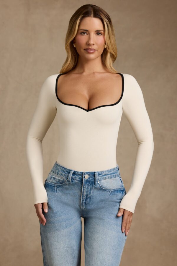 Modal Contrast-Trim Bodysuit in Ivory - Image 3