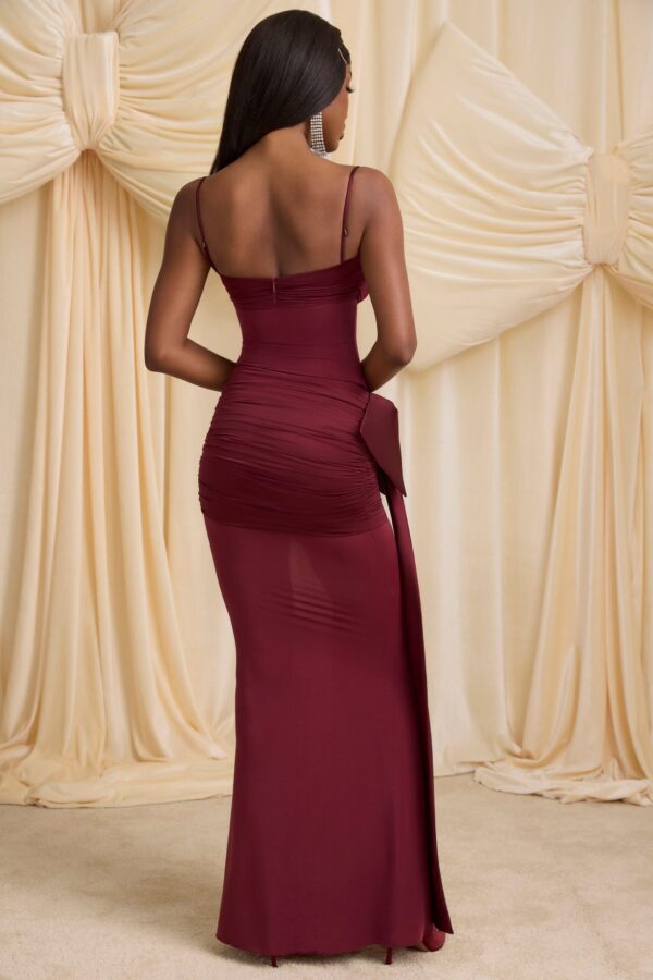 Bow-Detail Ruched Maxi Dress in Wine Red - Image 2