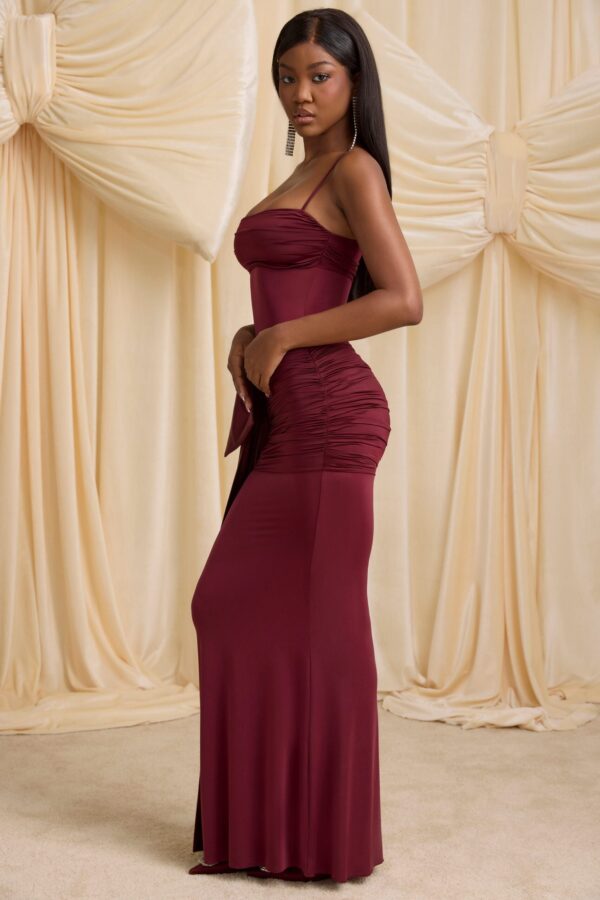 Bow-Detail Ruched Maxi Dress in Wine Red - Image 3