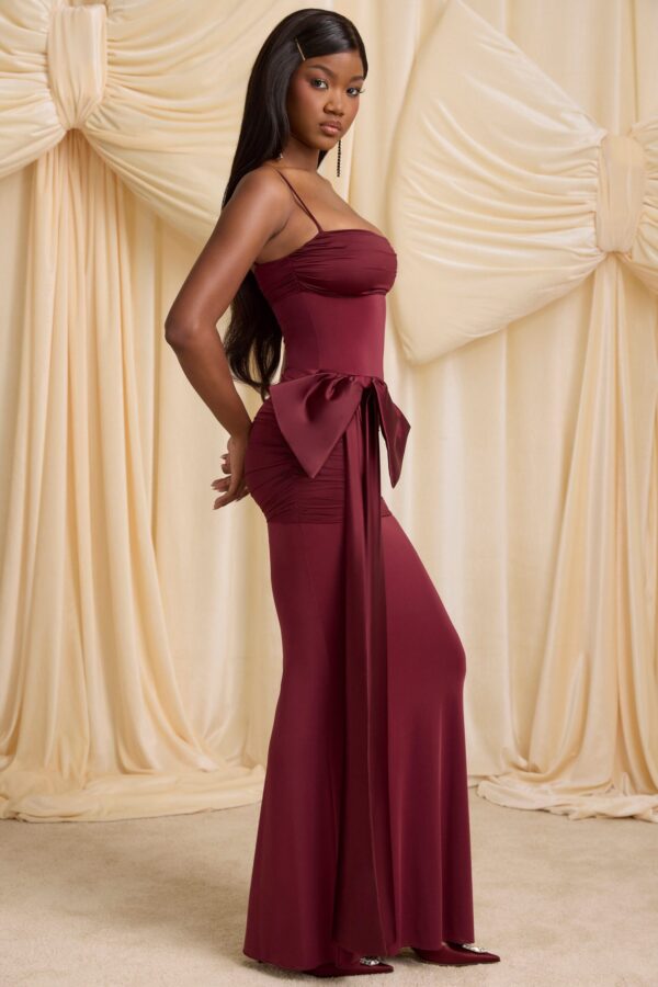 Bow-Detail Ruched Maxi Dress in Wine Red - Image 5