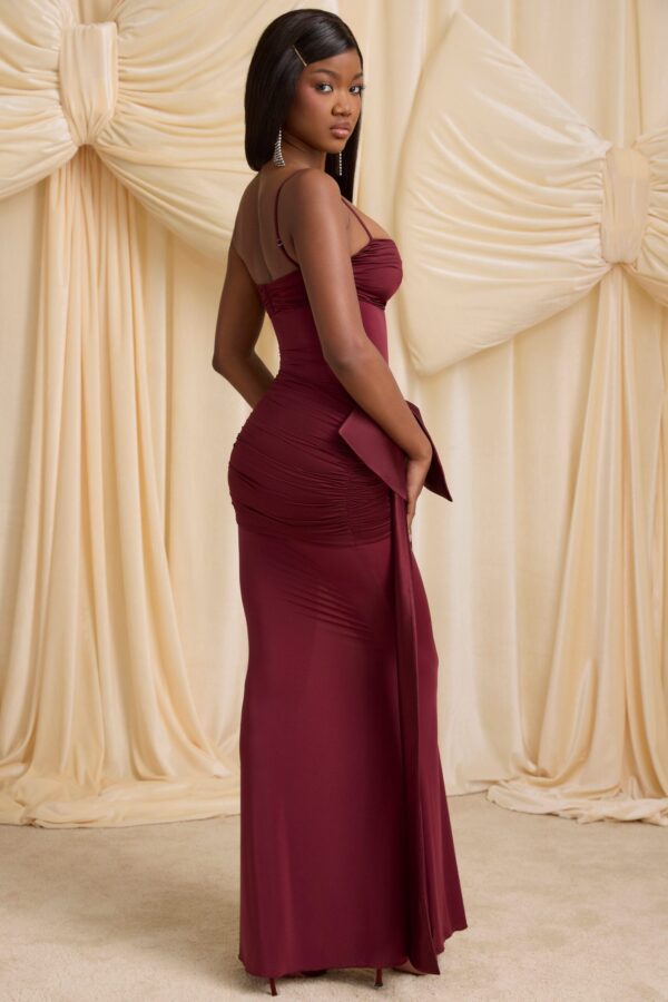 Bow-Detail Ruched Maxi Dress in Wine Red - Image 7