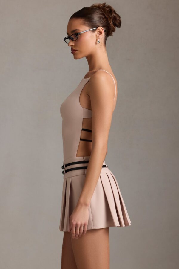 Belted Backless Pleated Mini Dress in Mushroom - Image 3