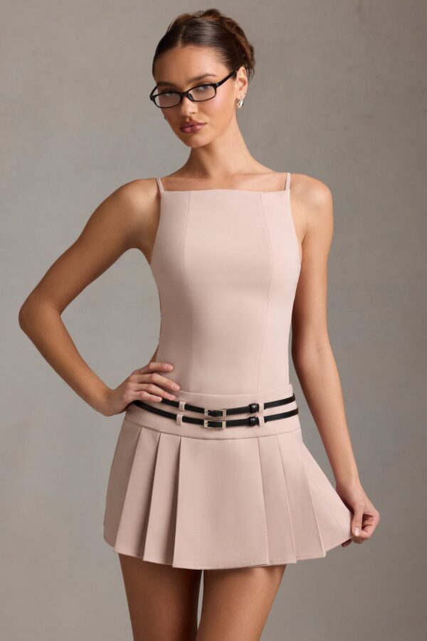 Belted Backless Pleated Mini Dress in Mushroom - Image 8