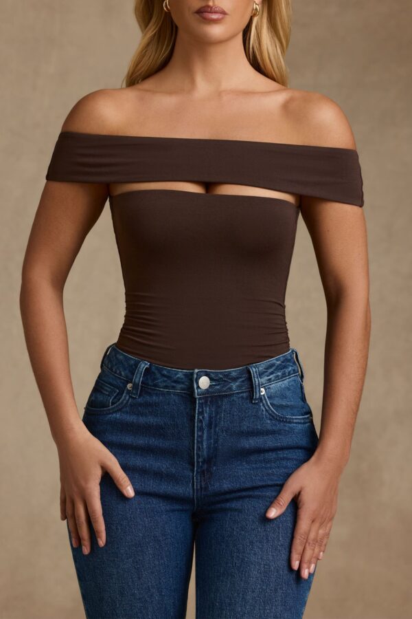 Modal Cut-Out Off-Shoulder Bodysuit in Chocolate Brown - Image 5