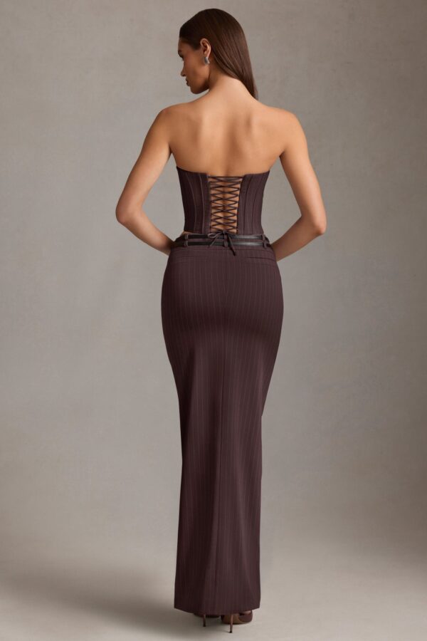Pinstripe Low-Rise Maxi Skirt in Chocolate Brown - Image 2