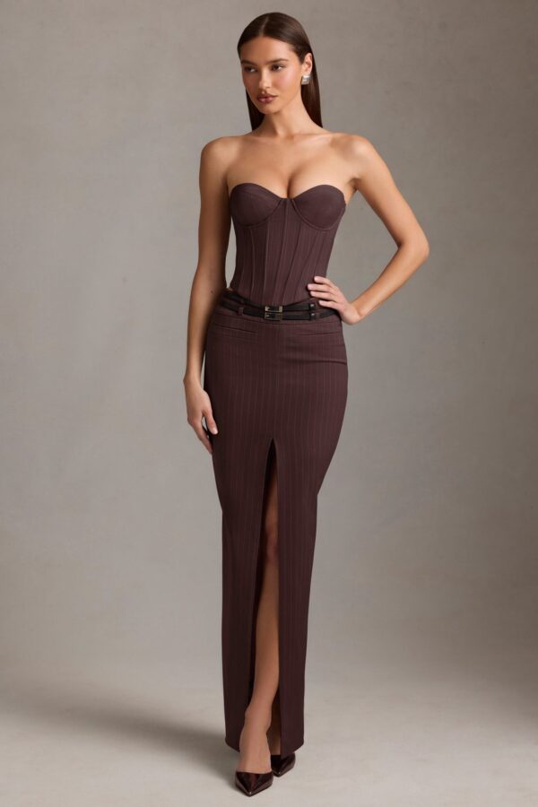 Pinstripe Low-Rise Maxi Skirt in Chocolate Brown - Image 6