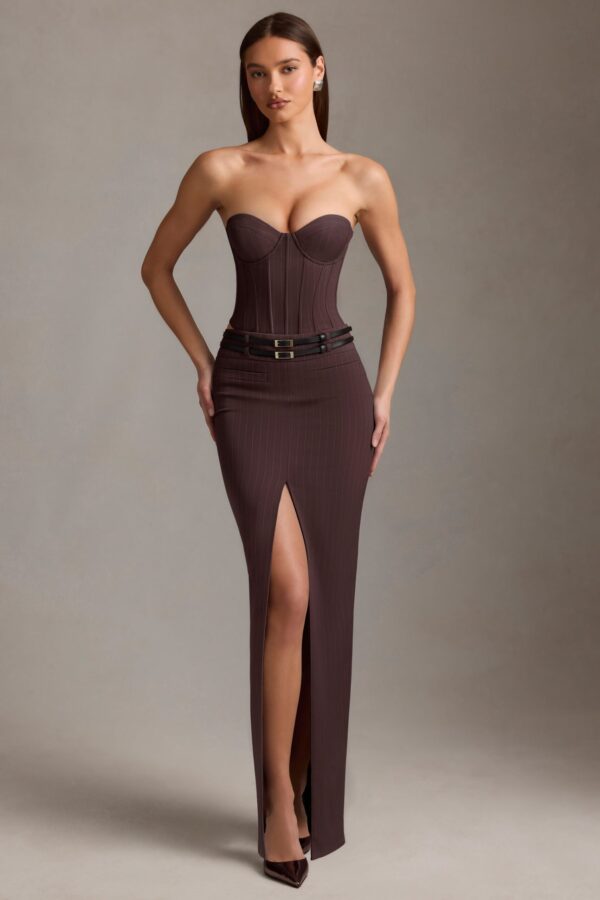 Pinstripe Low-Rise Maxi Skirt in Chocolate Brown - Image 7