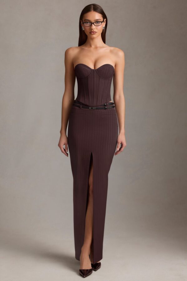 Pinstripe Low-Rise Maxi Skirt in Chocolate Brown - Image 8