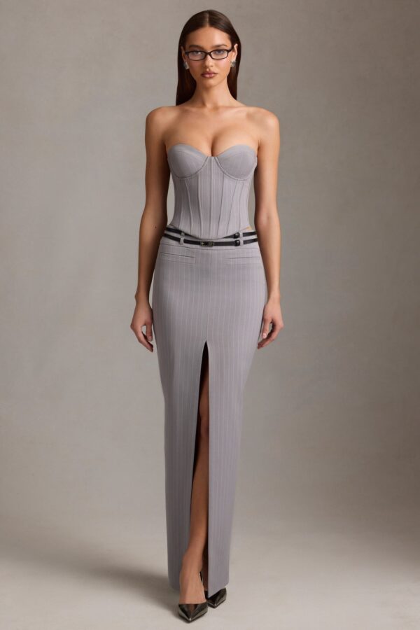 Pinstripe Low-Rise Maxi Skirt in Grey - Image 7
