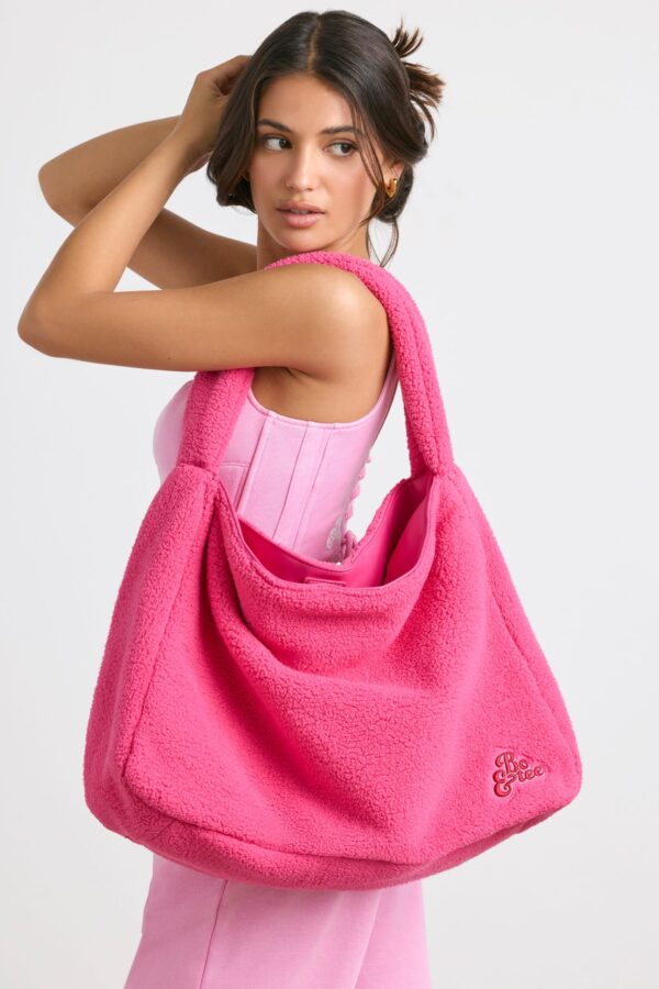 Oversized Fleece Tote Bag in Hot Pink - Image 4