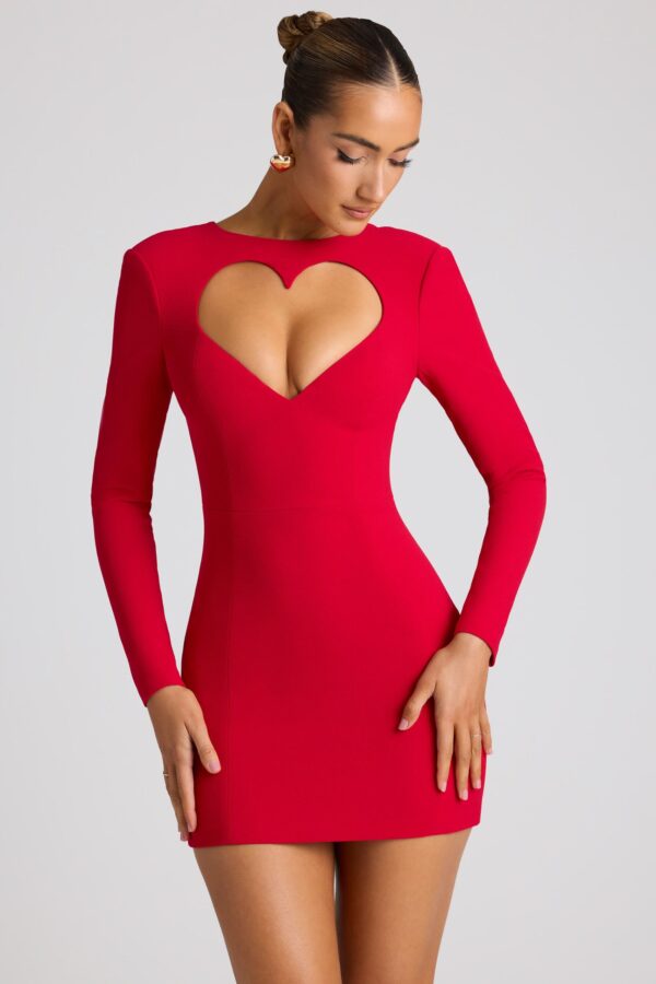 Heart Cut Out Long Sleeve Mini Dress in Fire Red - Image 7