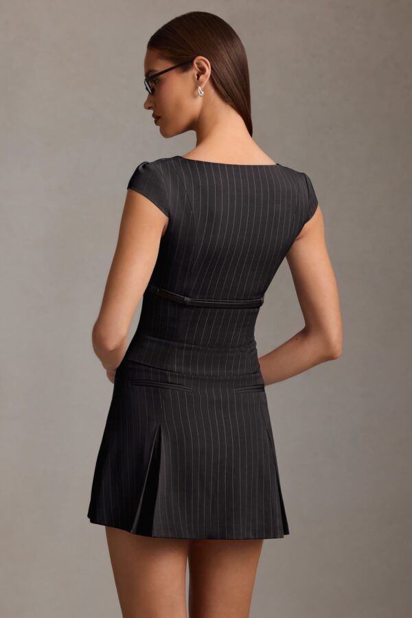 Pinstripe Pleated Waistcoat Mini Dress in Black - Image 2