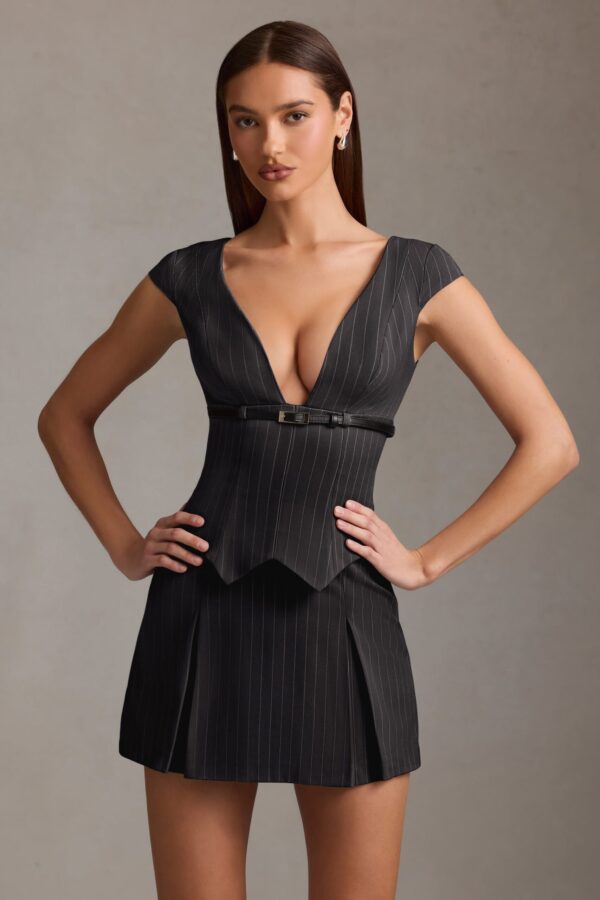 Pinstripe Pleated Waistcoat Mini Dress in Black - Image 7