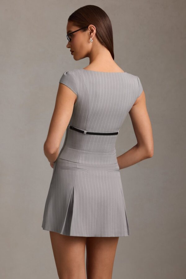 Pinstripe Pleated Waistcoat Mini Dress in Grey - Image 3
