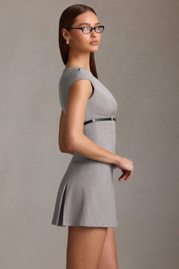 Pinstripe Pleated Waistcoat Mini Dress in Grey - Image 4