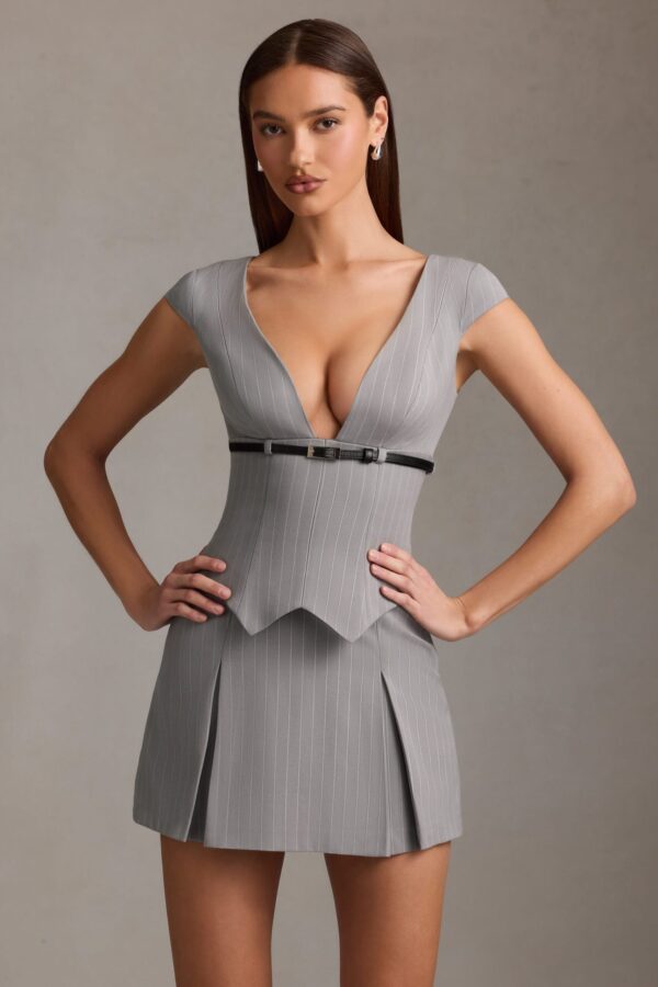 Pinstripe Pleated Waistcoat Mini Dress in Grey - Image 6