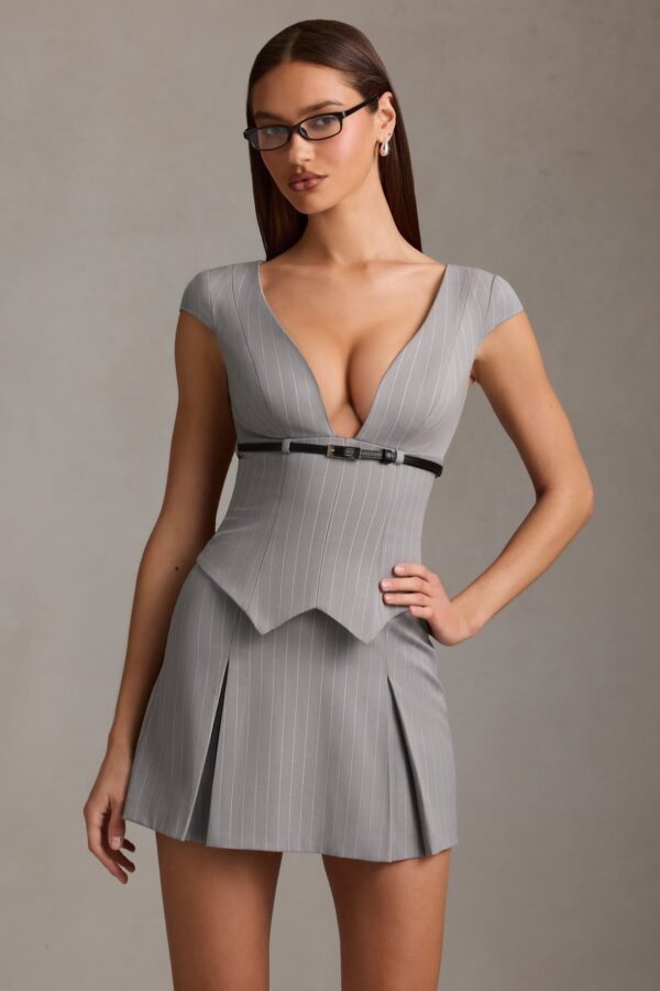 Pinstripe Pleated Waistcoat Mini Dress in Grey - Image 8