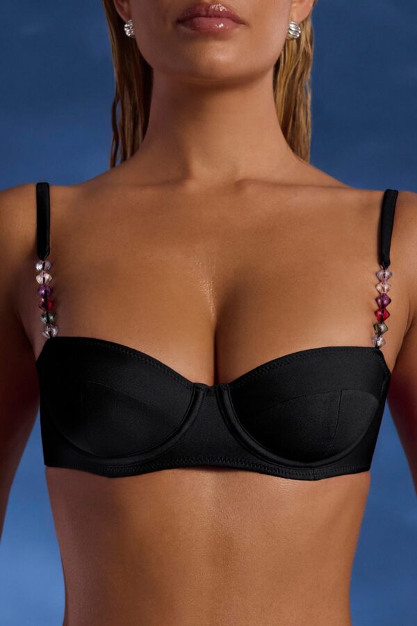 Bead-Embellished Underwired Balconette Bikini Top in Black - Image 5