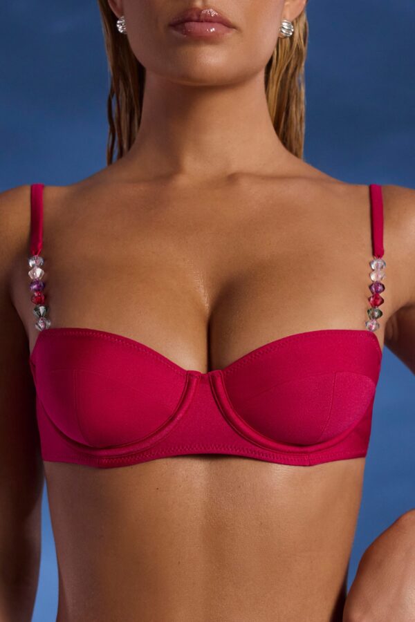 Bead-Embellished Underwired Balconette Bikini Top in Raspberry Pink - Image 5