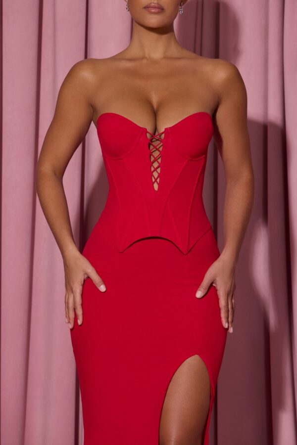 Lace-Up Corset Fishtail Maxi Dress in Red - Image 4