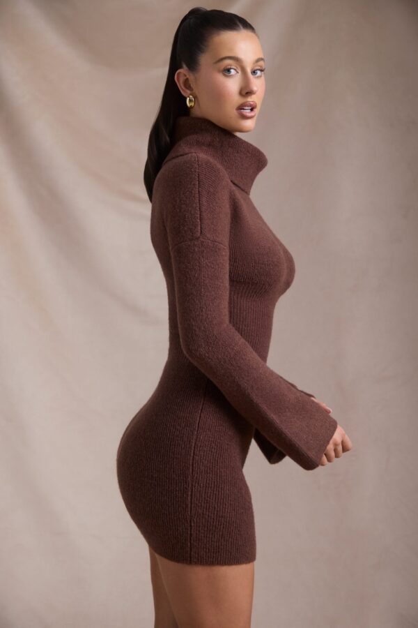 Ribbed-Knit Turtleneck Mini Jumper Dress in Espresso - Image 3