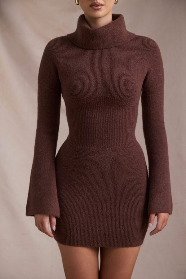 Ribbed-Knit Turtleneck Mini Jumper Dress in Espresso - Image 4
