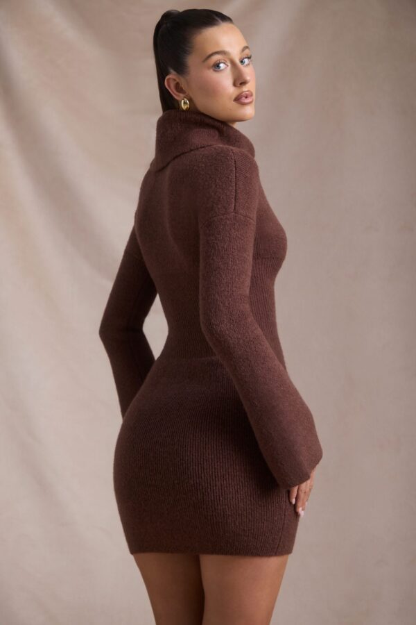 Ribbed-Knit Turtleneck Mini Jumper Dress in Espresso - Image 5
