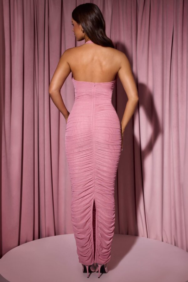 Bow-Embellished Ruched Halterneck Maxi Dress in Dusty Pink - Image 2
