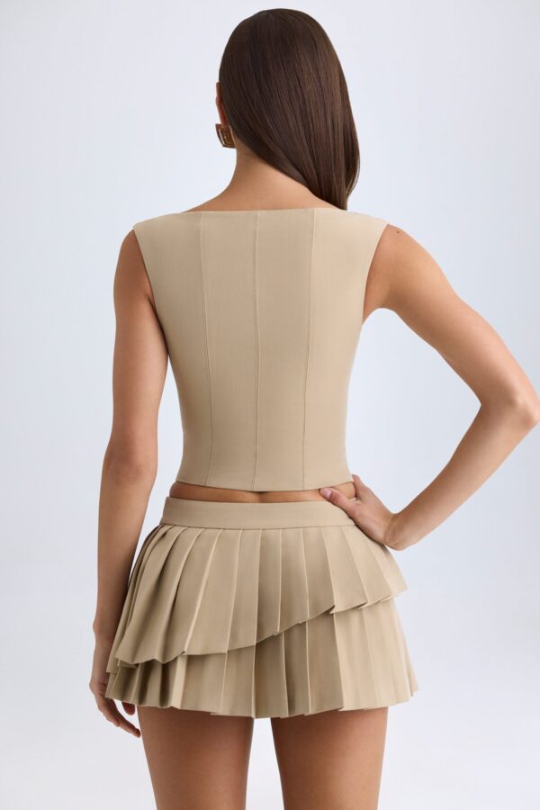 Layered Pleated Low-Rise Mini Skirt in Camel - Image 3