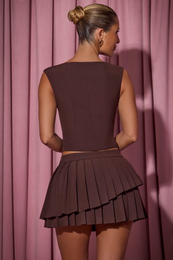 Layered Pleated Low-Rise Mini Skirt in Chocolate Brown - Image 2