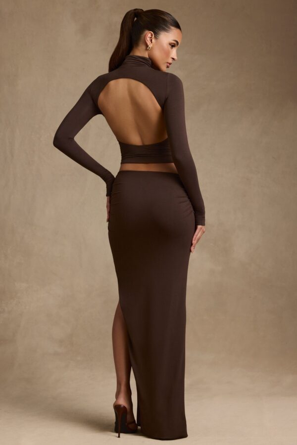 Modal Asymmetric-Waist Maxi Skirt in Chocolate Brown - Image 3