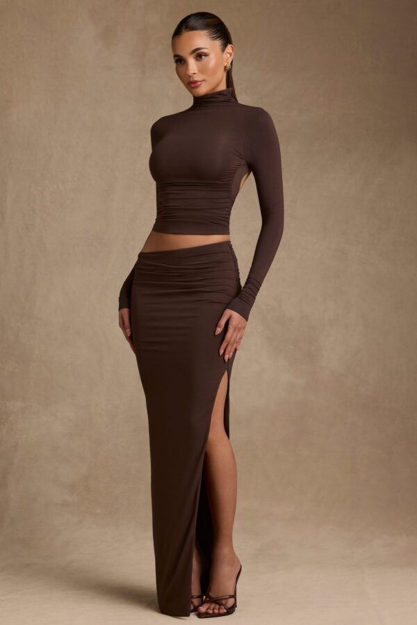 Modal Asymmetric-Waist Maxi Skirt in Chocolate Brown - Image 6
