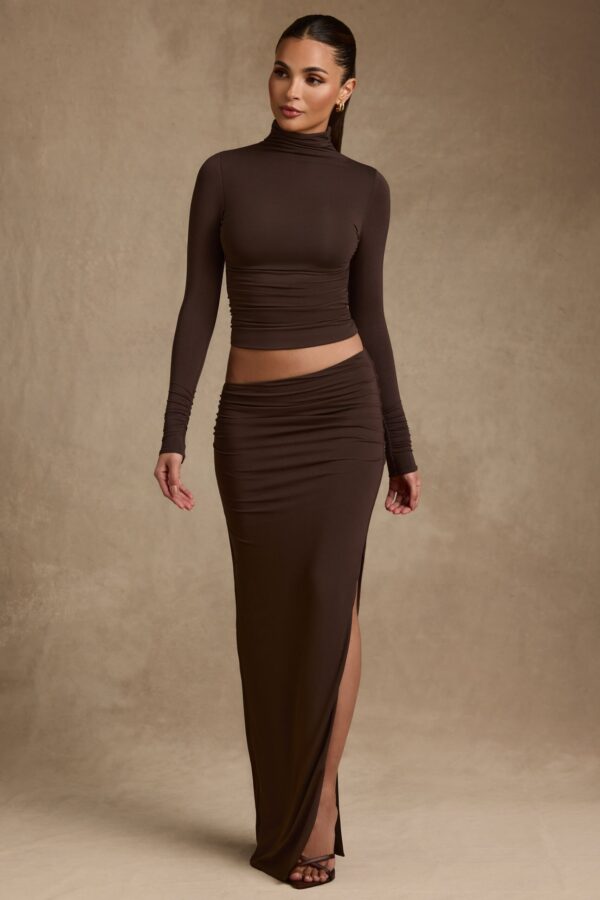Modal Asymmetric-Waist Maxi Skirt in Chocolate Brown - Image 8